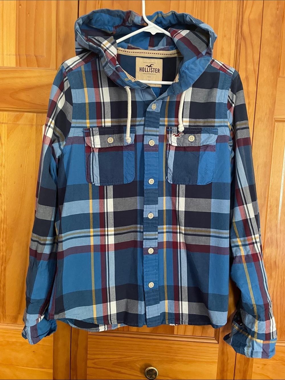 Hollister Blue Multi-Color Plaid Hooded Shirt